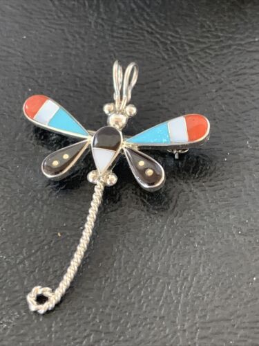 Zuni Turquoise Mother of Pearl Inlay Dragonfly Necklace Pin Pendant | Sterling Silver | 12322