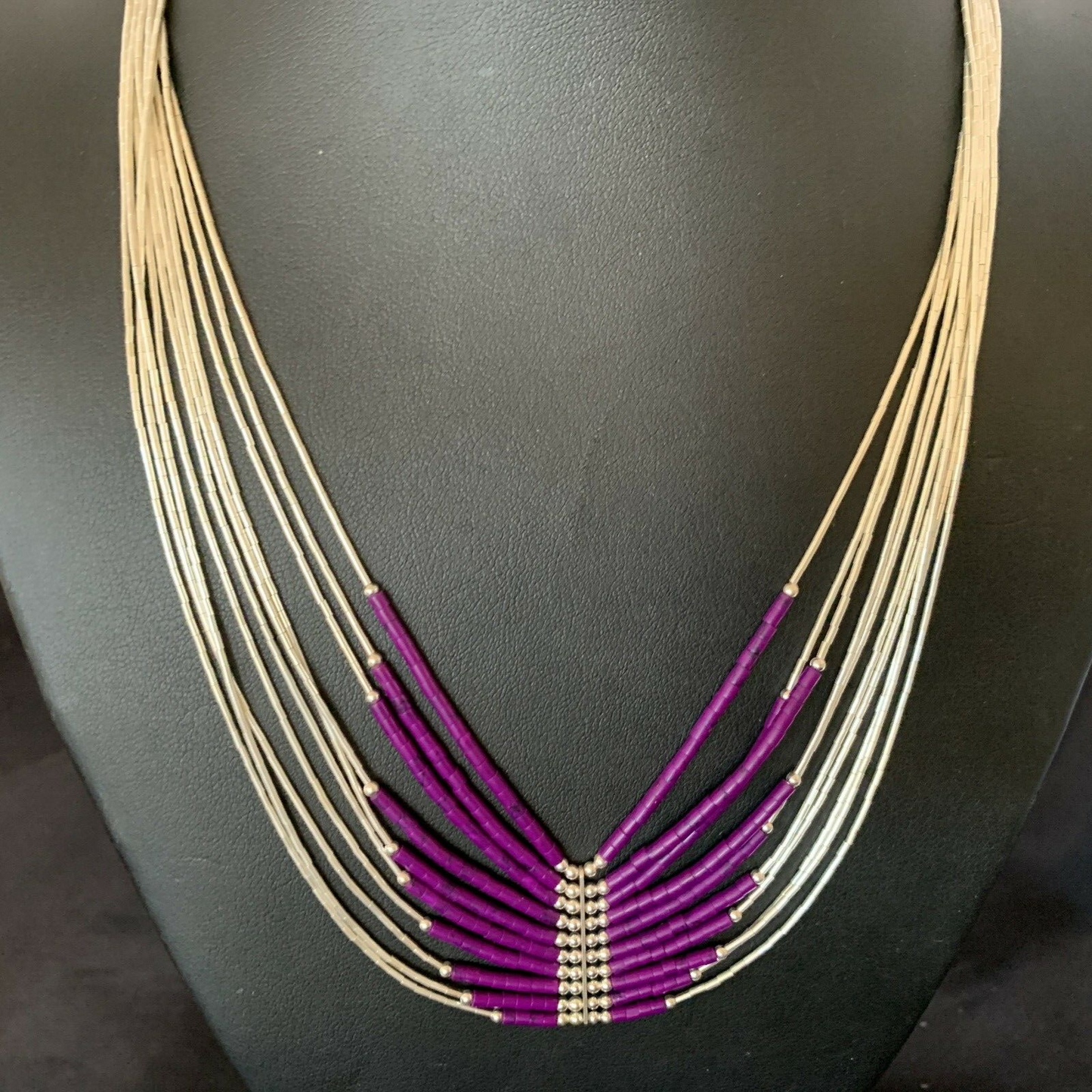 Sugilite Liquid Silver Heishi Necklace | 10 Strand | Sterling Tubes Pendant | 12299