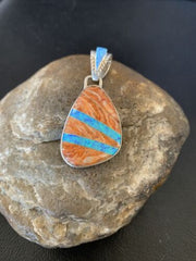 Men's Navajo Orange Spiny Oyster Blue Opal Inlay Pendant | Sterling Silver | Authentic Native American Handmade | 12486