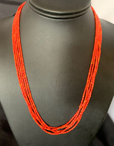 Natural Red Coral Rice Heishi Beads Necklace | 5 Strand | Sterling Silver | 20" | 12927