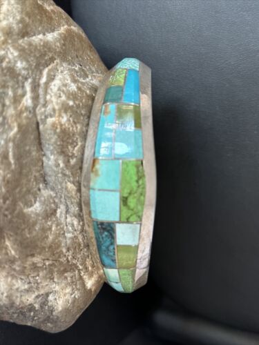 Native American Men's Blue Green Turquoise Inlay Bracelet | Sterling Silver | 14302 - Masha USA