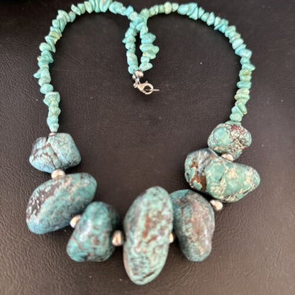 Navajo Chunky Blue Turquoise Nugget Necklace | Sterling Silver | Authentic Native American Handmade | 20" | 14416