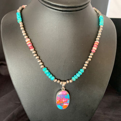 Navajo Pearls Sterling Silver Necklace with Turquoise and Purple Spiny Oyster Pendant | 13153