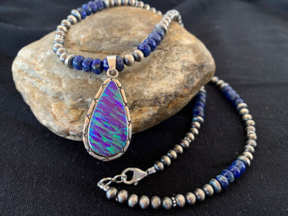Southwestern Navajo Purple Opal Lapis Pendant Necklace | Sterling Silver | Authentic Native American Handmade | 00592