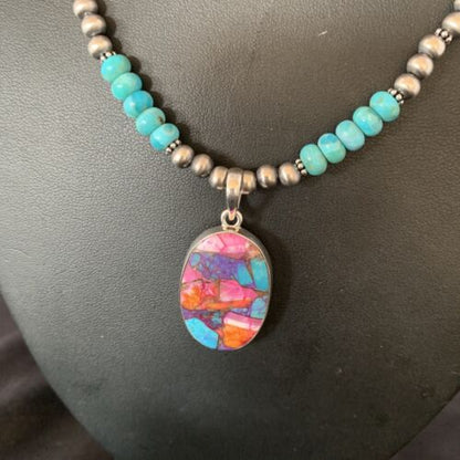 Navajo Pearls Sterling Silver Necklace with Turquoise and Purple Spiny Oyster Pendant | 13153