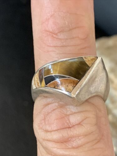 Navajo Black Onyx Coffee Tigers Eye Inlay Ring | Sterling Silver | Sz 6 | Authentic Native American Handmade | 10795