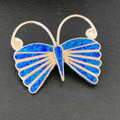 Navajo Blue Opal Butterfly Sterling Silver Necklace Pin Pendant | 11973