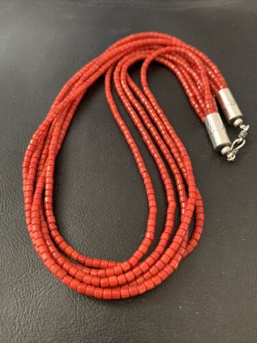 Southwestern Navajo 5-Strand Red Coral Bead Necklace | Sterling Silver | Authentic Native American Handmade | 01954