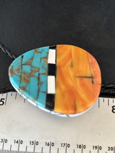 Men's Santo Domingo Bolo Tie | Turquoise Spiny Oyster | Sterling Silver Tips | Native American Handmade | 14632