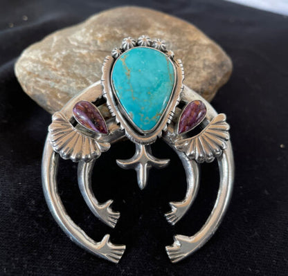 Navajo Sterling Silver Naja Pendant | Turquoise & Spiny Oyster | Authentic Native American Handmade | 01059