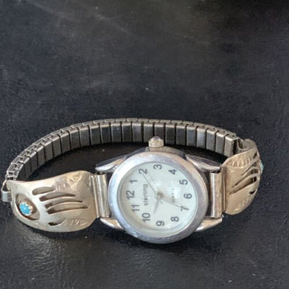 Women's Navajo Sterling Silver Watch Tips with Blue Turquoise | Bear Paw Design | Authentic Native American Jewelry | 13692