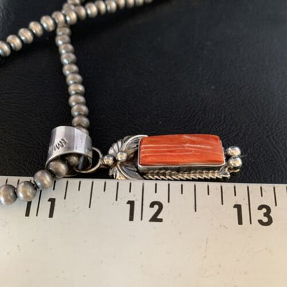 Navajo Red Spiny Oyster Square Pendant Necklace | Sterling Silver | Authentic Native American Handmade | 13635