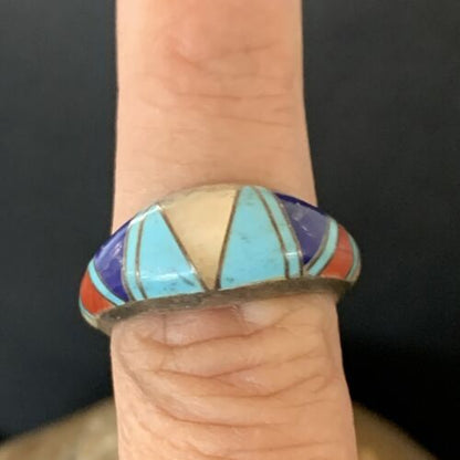Navajo Multi-Color Turquoise Lapis Coral Mother of Pearl Inlay Ring | Sterling Silver | Sz 7.5 | 12398