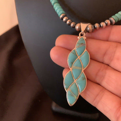 Authentic Native American Navajo Sterling Silver Pendant | Blue Turquoise & Opal Inlay Necklace | 11471