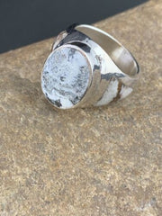 Navajo White Buffalo Turquoise Inlay Ring | Sterling Silver | Sz 8.5 | Authentic Native American Handmade | 4948