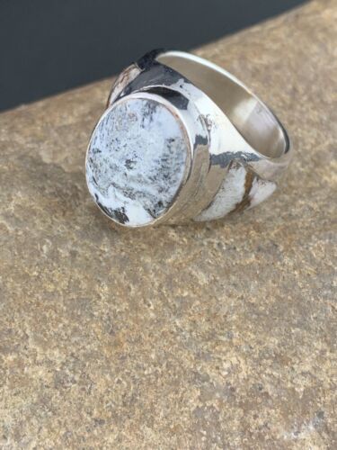 Native White Buffalo Turquoise Navajo Sterling Silver Inlay Ring Sz 8.5 4948