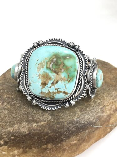 Men's Navajo Royston Turquoise Cuff Bracelet | Sterling Silver | 3 Stones | Authentic Native American Handmade | 1131