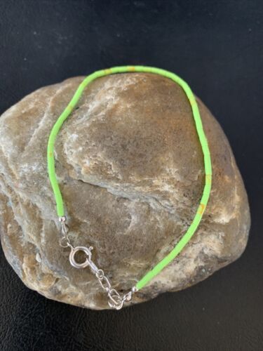 Navajo Green Gaspeite Heishi Tube Beads Bracelet | Sterling Silver | 8" | Authentic Native American Handmade | 13210