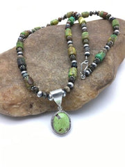 Navajo Green Gaspeite Turquoise Pendant Necklace | Sterling Silver | 22" | Authentic Native American Handmade | 2818