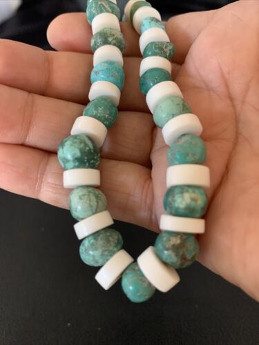 Authentic Native American Santo Domingo Necklace | Blue Turquoise & White Shell Beads | 34" | 13198