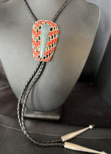 Ultra Rare Native American Men's Bolo Tie | Blue Kingman Turquoise & Coral | Sterling Silver | 14225
