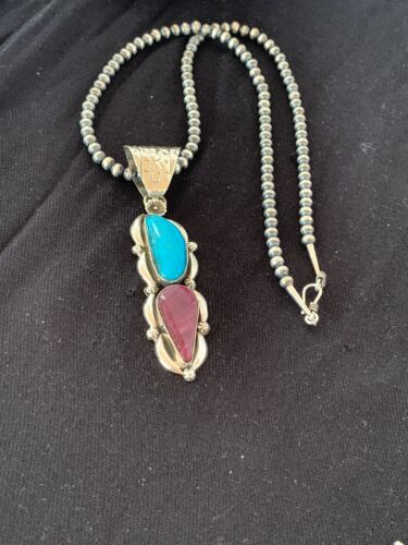 Navajo Kingman Turquoise & Spiny Oyster Pendant Necklace | Sterling Silver | Authentic Native American Handmade | 4576