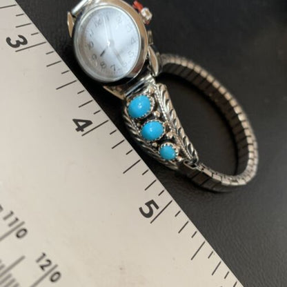 Navajo Sterling Silver Watch Tips with Blue Kingman Turquoise | Stretch Band | Authentic Native American Jewelry | 11578
