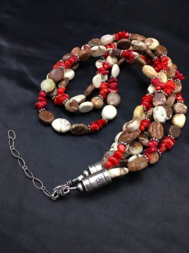 Navajo Sterling Silver Wild Horse Turquoise Coral Necklace | 3-Strand | Authentic Native American Handmade | 3097