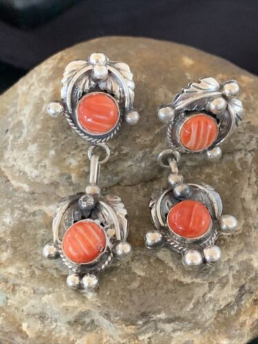 Navajo Red Spiny Oyster Dangle Earrings | Sterling Silver | Authentic Native American Handmade | 2060