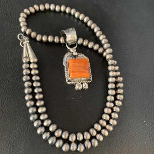 Navajo Orange Spiny Oyster Pendant | Sterling Silver | Authentic Native American Handmade | 13640