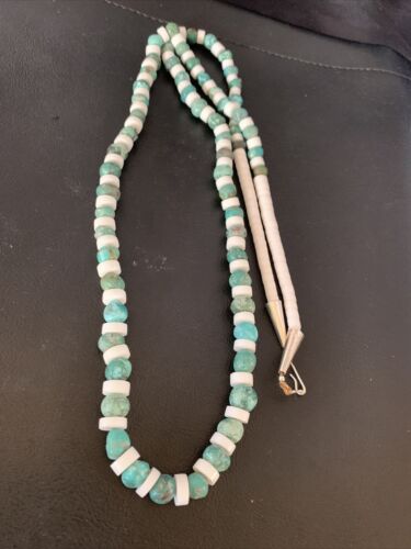 Authentic Native American Santo Domingo Necklace | Blue Turquoise & White Shell Beads | 34" | 13198