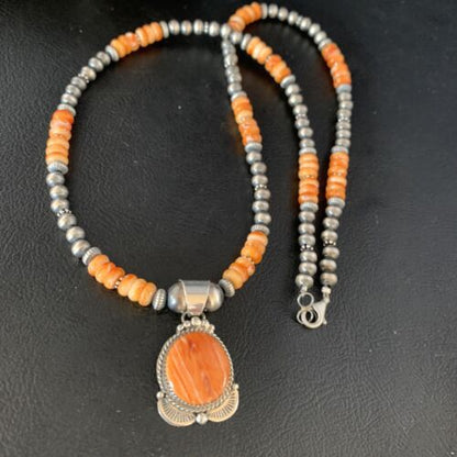 Navajo Orange Spiny Oyster Pendant Necklace | Sterling Silver | Authentic Native American Handmade | N 13650
