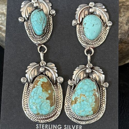 Navajo Blue #8 Turquoise Dangle Earrings | Sterling Silver | Authentic Native American Handmade | 14338