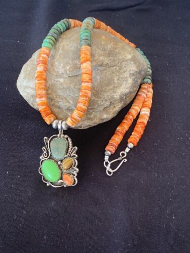 Navajo Green Turquoise and Spiny Bead Necklace Pendant | Sterling Silver | Authentic Native American Handmade | 573
