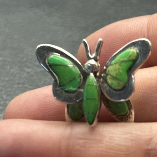 Navajo Butterfly Green Gaspeite Inlay Pin Pendant | Sterling Silver | Authentic Native American Handmade | 14585