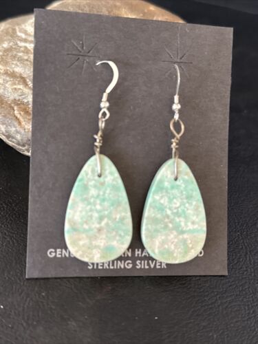 Southwestern Navajo Slab Turquoise Dangle Earrings | Sterling Silver | Authentic Native American Handmade | 01354