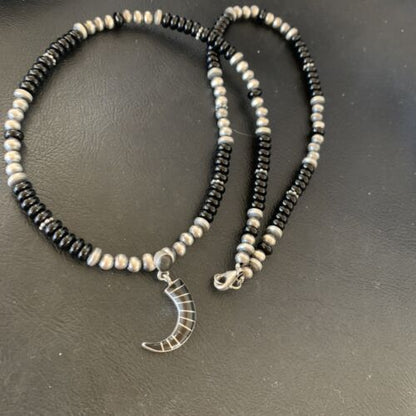 Navajo Inlay Pendant | Sterling Silver Black Onyx Necklace | Authentic Native American Handmade | 12281