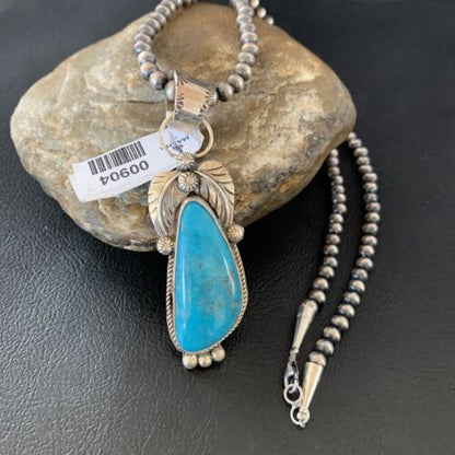 Men's Navajo Pearls Necklace with Blue Kingman Turquoise Pendant | Sterling Silver | 00904