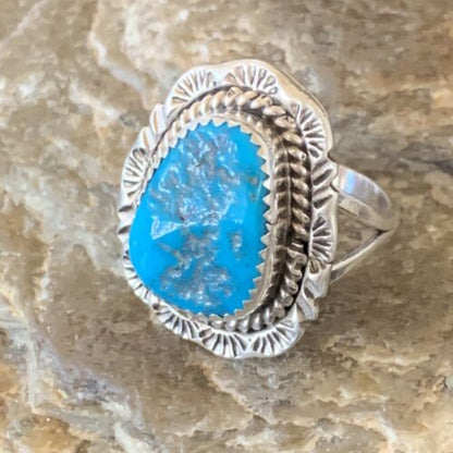 Navajo Blue Kingman Turquoise Ring | Sterling Silver | Sz 8.5 | Authentic Native American Handmade | 12961