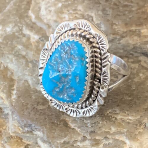 Navajo Blue Kingman Turquoise Ring | Sterling Silver | Sz 8.5 | Authentic Native American Handmade | 12961