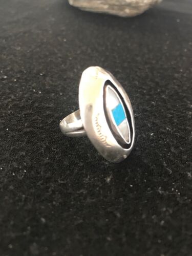 Navajo Kingman Turquoise & Mother of Pearl Ring | Sterling Silver Shadow Box | Sz 9 | 10207