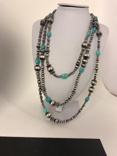 Navajo Pearls Sleeping Beauty Turquoise Necklace | 70" Single Strand | Sterling Silver | Southwestern | 8051