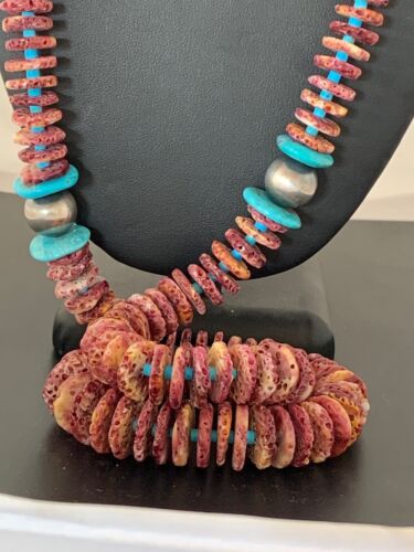 Authentic Native American Navajo Necklace | Purple Spiny Oyster & Turquoise | Sterling Silver Navajo Pearls | 36"