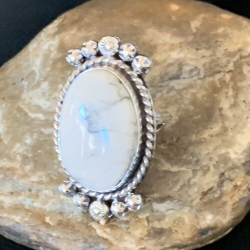 Navajo White Buffalo Turquoise Ring | Sterling Silver | Sz 7.5 | Authentic Native American Handmade | 13354