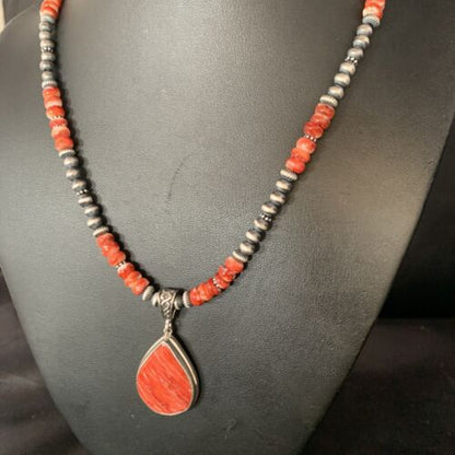 Navajo Red Spiny Oyster Necklace | Sterling Silver Pendant | Men's Women's | Authentic Native American Handmade | 13814