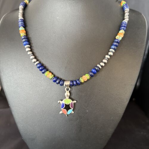Navajo Green Turquoise and Lapis Inlay Pendant Necklace | Sterling Silver | Authentic Native American Handmade | 14616