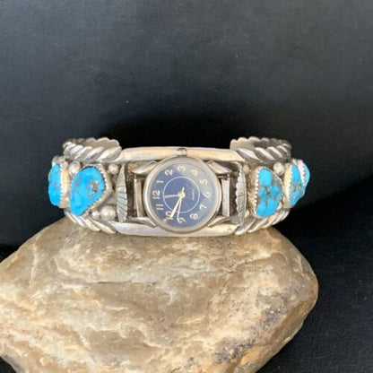 Navajo Sterling Silver Watch Cuff Bracelet | Blue Kingman Turquoise | Authentic Native American Jewelry | 13711