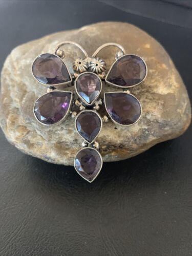 Navajo Dragonfly Pendant | Faceted Amethyst Gems Cluster | Authentic Native American Sterling Silver | Multi-Stone | 2.2" | 12738