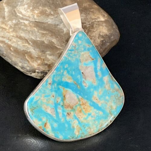 Navajo Men's Kingman Turquoise Necklace | XXL | Sterling Silver | 4" Pendant | Authentic Native American Handmade | 13984