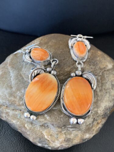 Navajo Orange Spiny Oyster Dangle Earrings | Sterling Silver | Authentic Native American Handmade | 12200